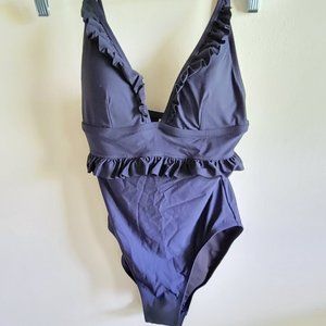 J. Crew Ruffle Deep V Swimsuit Navy NWOT Size 4